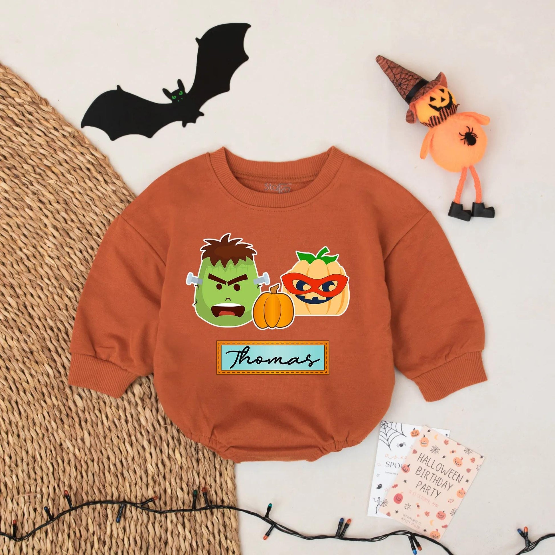 Custom Baby Boy Halloween Romper with Playful Frankenstein Pumpkin Graphics Thomas Name Design Funny Spooky Holiday Gift
