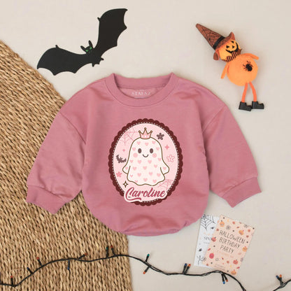 Custom Caroline Ghost Baby Romper Halloween Outfit for Baby Girl with Pink Scalloped Frame, Cute First Halloween Gift