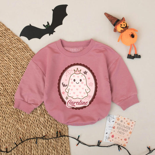 Custom Caroline Ghost Baby Romper Halloween Outfit for Baby Girl with Pink Scalloped Frame, Cute First Halloween Gift