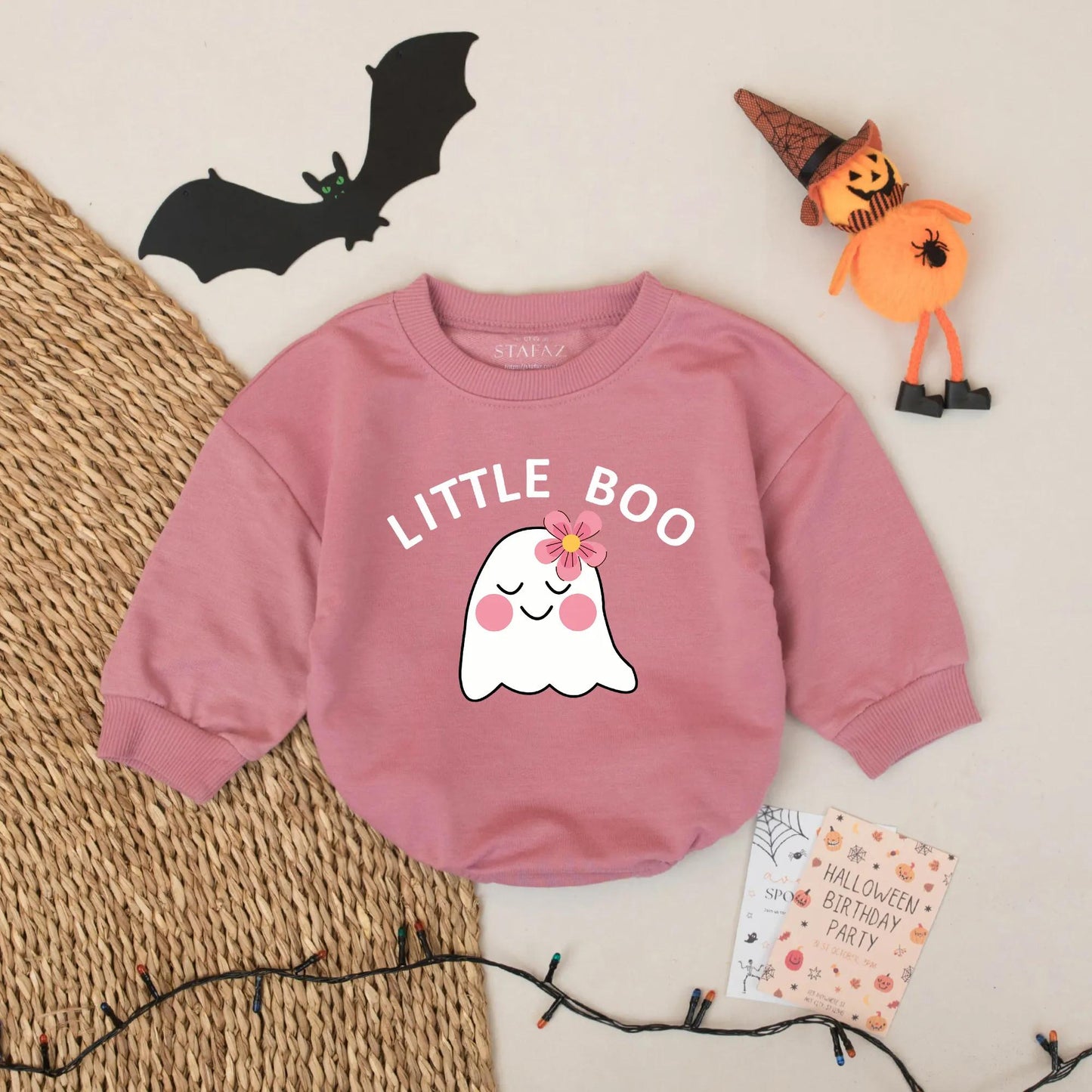 Adorable Little Boo Ghost Baby Girl Romper with Sweet Pink Cheeks Flower Design Custom Halloween First Outfit Baby Shower Celebration Gift
