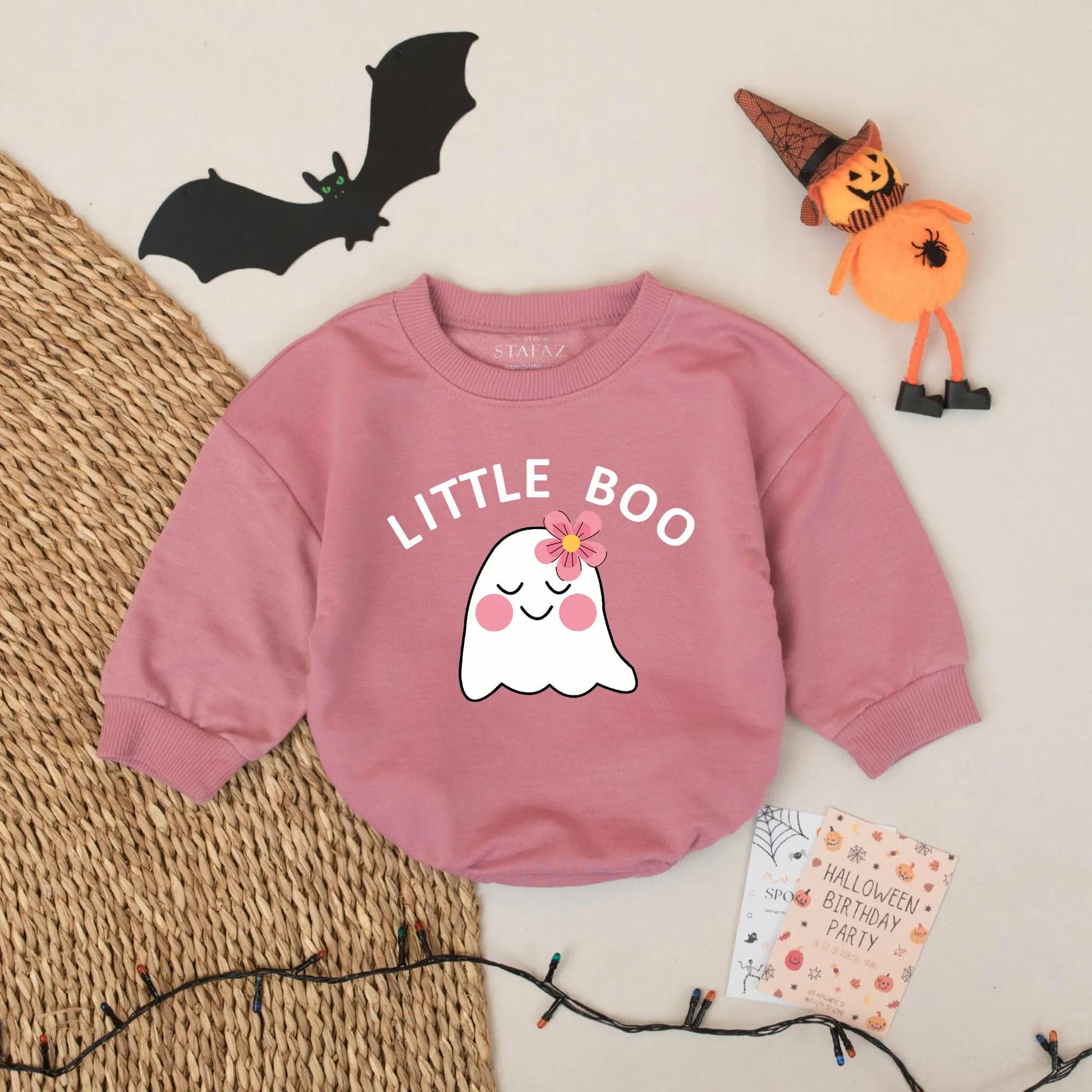Adorable Little Boo Ghost Baby Girl Romper with Sweet Pink Cheeks Flower Design Custom Halloween First Outfit Baby Shower Celebration Gift