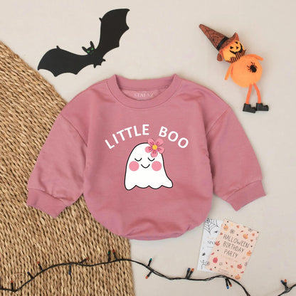 Adorable Little Boo Ghost Baby Girl Romper with Sweet Pink Cheeks Flower Design Custom Halloween First Outfit Baby Shower Celebration Gift