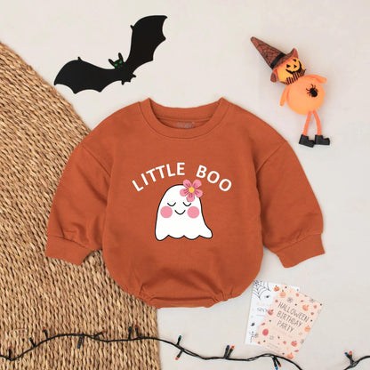 Adorable Little Boo Ghost Baby Girl Romper with Sweet Pink Cheeks Flower Design Custom Halloween First Outfit Baby Shower Celebration Gift