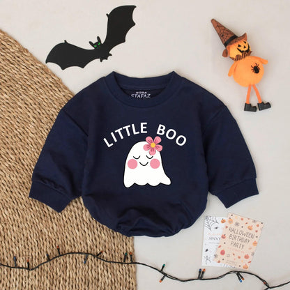 Adorable Little Boo Ghost Baby Girl Romper with Sweet Pink Cheeks Flower Design Custom Halloween First Outfit Baby Shower Celebration Gift