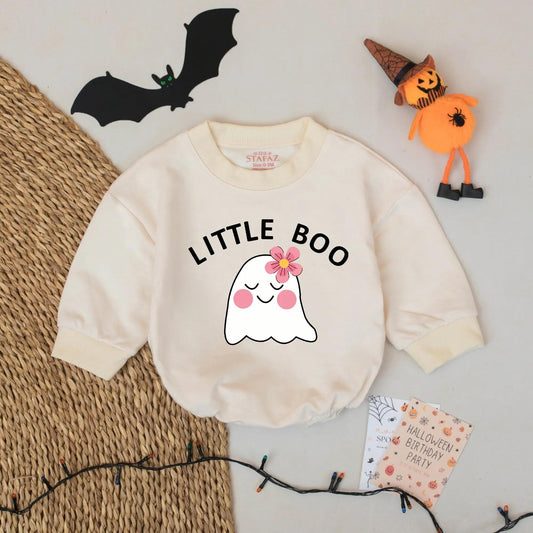 Adorable Little Boo Ghost Baby Girl Romper with Sweet Pink Cheeks Flower Design Custom Halloween First Outfit Baby Shower Celebration Gift