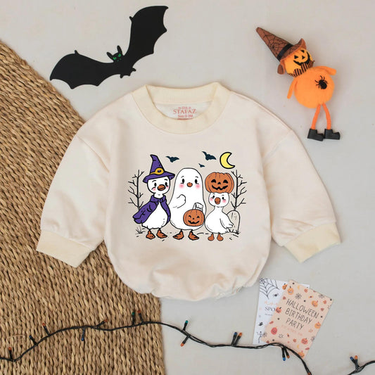Boo Crew Halloween Baby Romper Outfit, Cute Duck Ghosts & Witch Design, First Halloween Bodysuit for Baby Boy or Girl, Perfect Gift