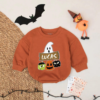 Ghost Halloween Baby Romper Cute Cartoon Ghost & Pumpkins Custom Name Outfit for Baby Boy First Halloween Gift Idea