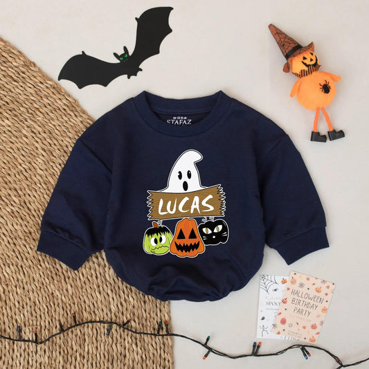Ghost Halloween Baby Romper Cute Cartoon Ghost & Pumpkins Custom Name Outfit for Baby Boy First Halloween Gift Idea