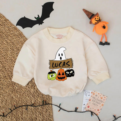 Ghost Halloween Baby Romper Cute Cartoon Ghost & Pumpkins Custom Name Outfit for Baby Boy First Halloween Gift Idea