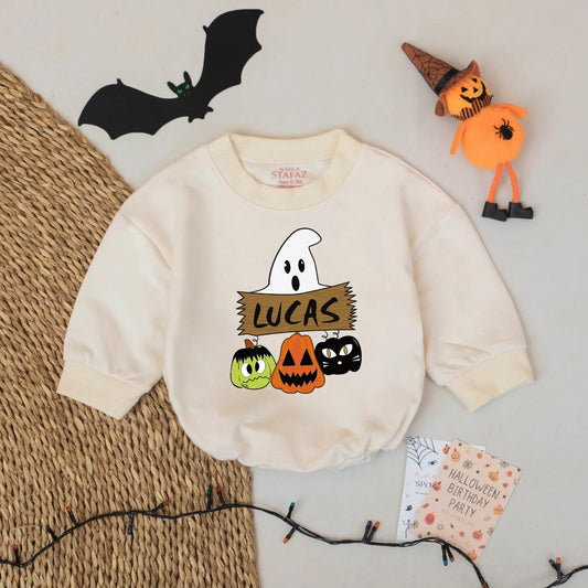 Ghost Halloween Baby Romper Cute Cartoon Ghost & Pumpkins Custom Name Outfit for Baby Boy First Halloween Gift Idea