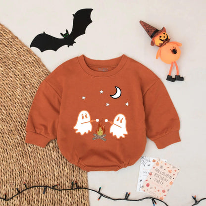 Ghost Camping Baby Romper Cute Halloween Design with Stars Moon and Campfire Fun Baby Clothes for First Halloween and Coming Home Outfits