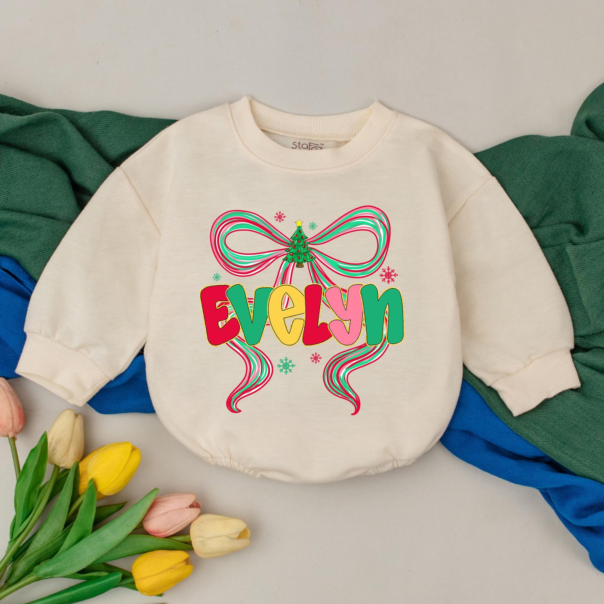 Evelyn's First Christmas Romper: Personalized Baby Girl Outfit with Colorful Bow & Snowflake Design, Custom Name Bodysuit for Festive Xmas Gift Idea (139 chars)