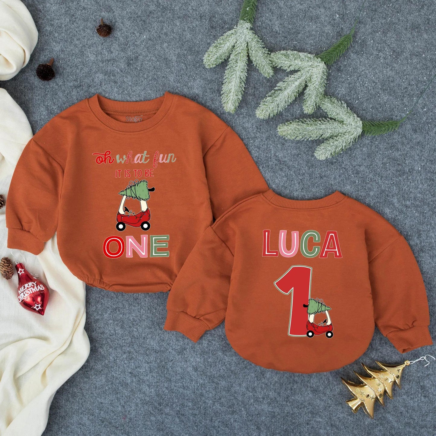 Personalized Oh What Fun Luca's 1st Christmas Romper, Custom Holiday Baby Outfit, Red Car Xmas Tree, Baby Boy Toddler Clothes, Infant Gift (136 chars)