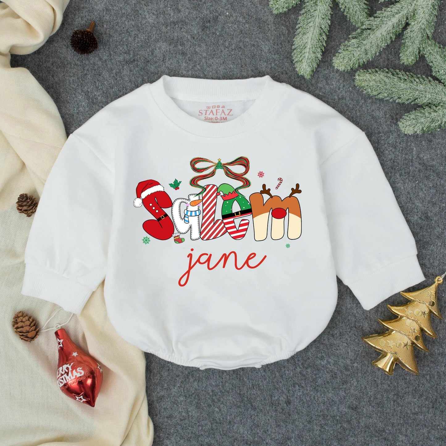 Personalized Christmas Romper: Festive Season Outfit with Santa, Reindeer & Elf Letters, Custom Name Baby Girl Sweatshirt, Holiday Toddler Clothes 139