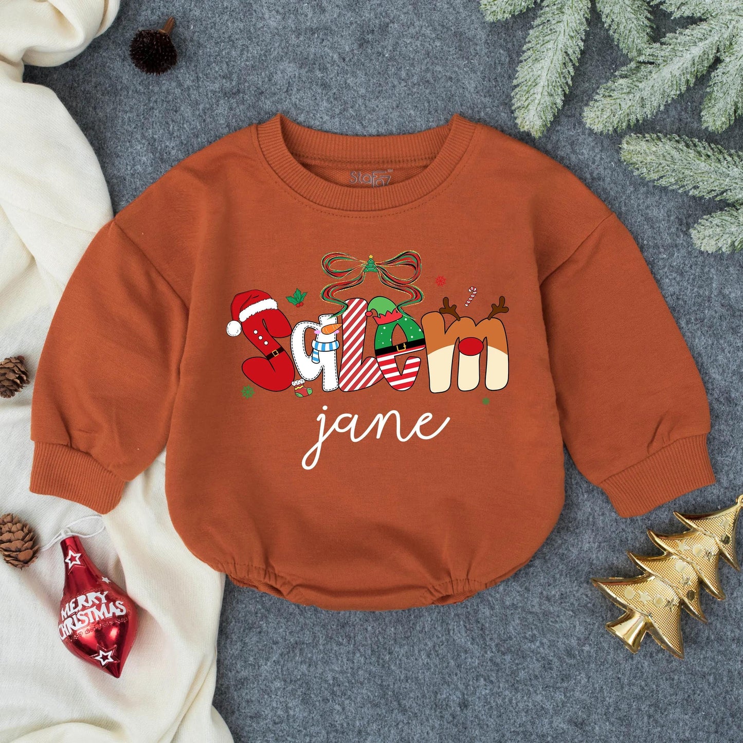 Personalized Christmas Romper: Festive Season Outfit with Santa, Reindeer & Elf Letters, Custom Name Baby Girl Sweatshirt, Holiday Toddler Clothes 139