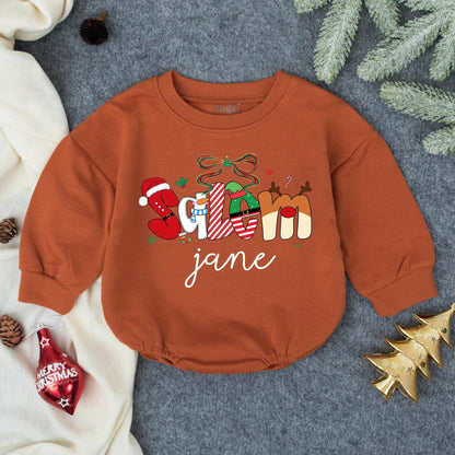 Personalized Christmas Romper: Festive Season Outfit with Santa, Reindeer & Elf Letters, Custom Name Baby Girl Sweatshirt, Holiday Toddler Clothes 139