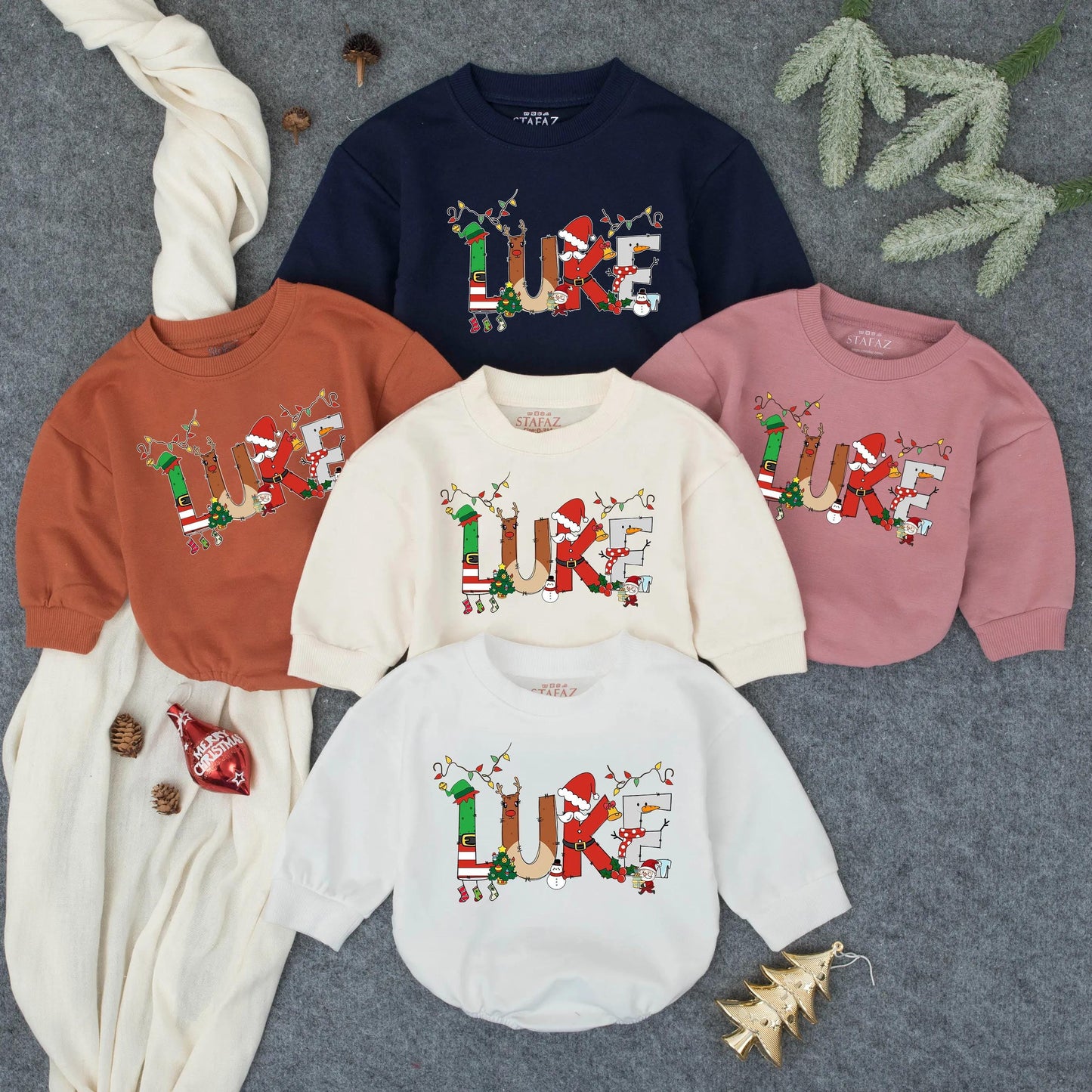 Luke's Christmas Lights Romper: Personalized Baby Boy Holiday Outfit, Festive Xmas Bodysuit with Elf, Reindeer & Santa Design, Cute Winter Gift Idea (136)