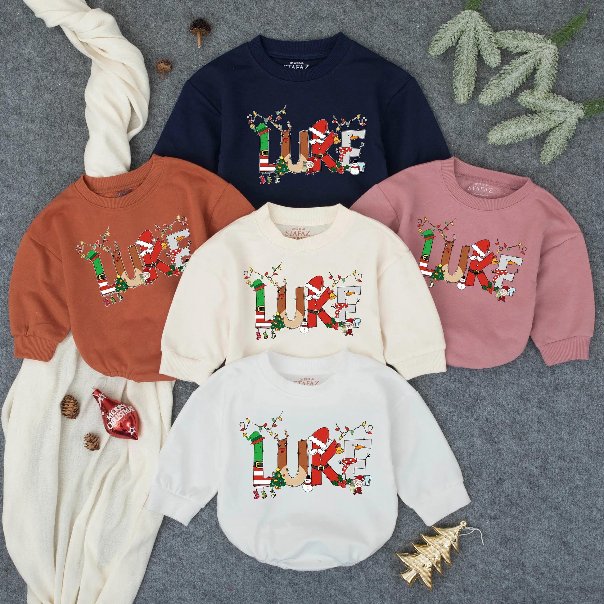 Luke's Christmas Lights Romper: Personalized Baby Boy Holiday Outfit, Festive Xmas Bodysuit with Elf, Reindeer & Santa Design, Cute Winter Gift Idea (136)