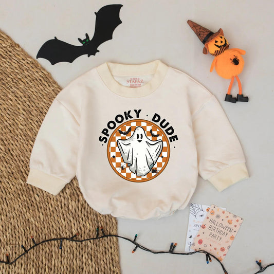 Spooky Dude Halloween Romper, First Birthday Ghost Outfit, Funny Baby Boy Bodysuit, Black & Orange Checkerboard Halloween Baby Clothes 136