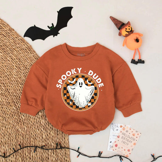 Spooky Dude Halloween Romper, First Birthday Ghost Outfit, Funny Baby Boy Bodysuit, Black & Orange Checkerboard Halloween Baby Clothes 136