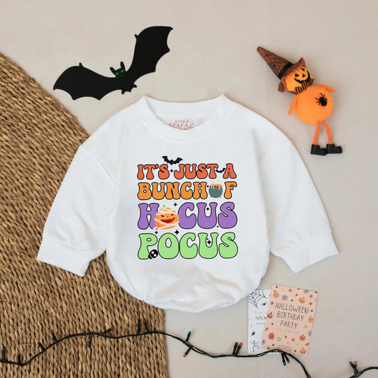 It's Just a Bunch of Hocus Pocus Halloween Baby Romper Retro Orange Purple Green Pumpkin Bat Mummy Skull Festive First Birthday Outfit
