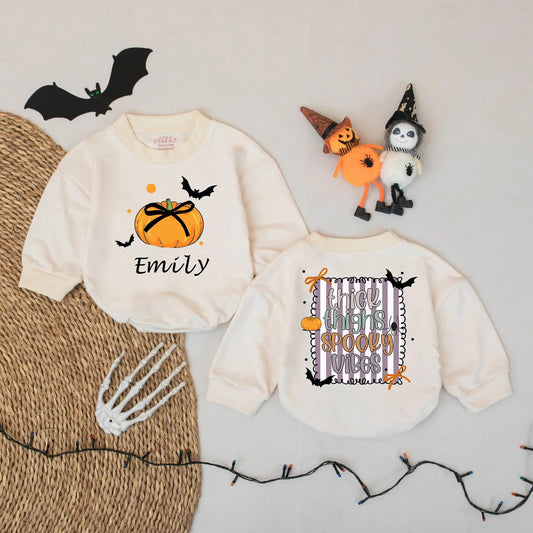 Custom Emily Pumpkin Halloween Baby Romper, Thick Thighs Spooky Vibes Bodysuit Girl, Cute Bat Design, Coming Home Outfit, Baby Gift