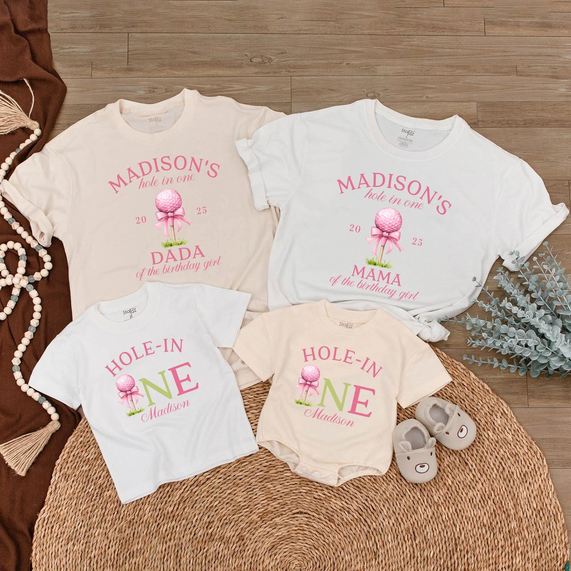 Custom Hole In One Golf Girl First Birthday Matching Family T-shirt Pink Golf Ball Bow Tee Mama Dada of Birthday Girl Party Outfit Celebration