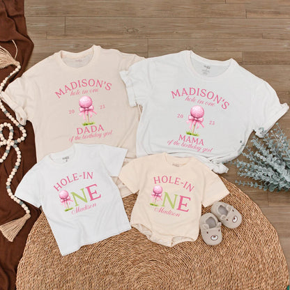 Custom Hole In One Golf Girl First Birthday Matching Family T-shirt Pink Golf Ball Bow Tee Mama Dada of Birthday Girl Party Outfit Celebration