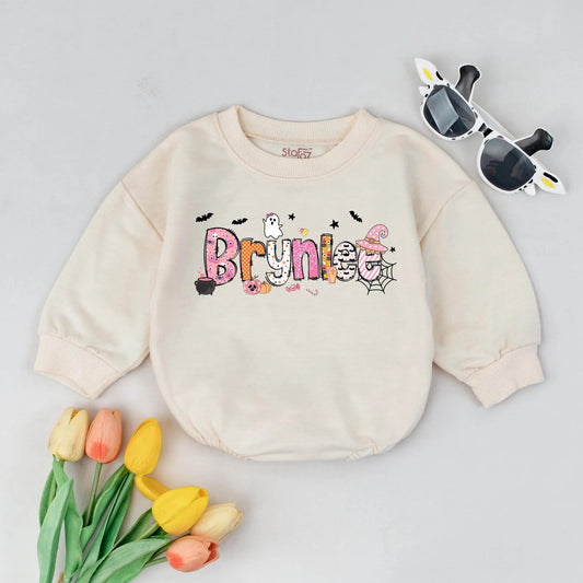 Bryniee Halloween Baby Romper Custom Name Cute Ghost Bats Candy Corn Fall Spooky Season Outfit Personalized First Halloween Gift