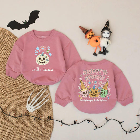 Custom Sweet Spooky Halloween Baby Romper with Whimsical Pumpkins & Flowers, Cute Cartoon Pastel Design, Perfect First Halloween Coming Home Outfit