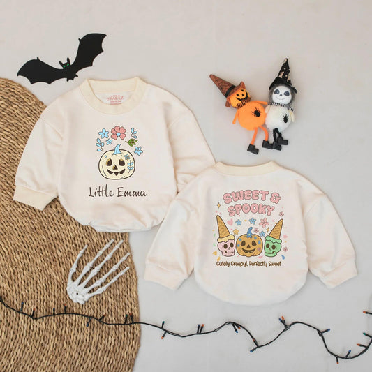 Custom Sweet Spooky Halloween Baby Romper with Whimsical Pumpkins & Flowers, Cute Cartoon Pastel Design, Perfect First Halloween Coming Home Outfit