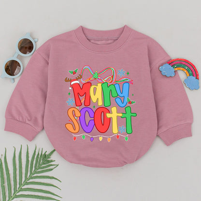 Baby's First Christmas Romper Rainbow Name Personalized Festive Snowflakes Lights Reindeer Antler Hat Outfit