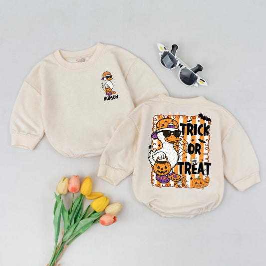 Halloween Baby Bodysuit with Goose in Sunglasses & Trick or Treat Design | Spooky Fall Outfit for Baby Girl or Boy | Baby Shower Gift