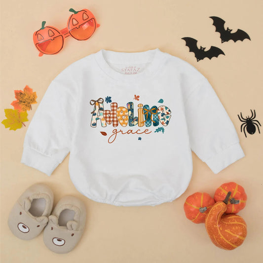 Adeline Grace Personalized Fall Baby Girl Romper Custom Pumpkin Autumn Toddler Bodysuit Thanksgiving Gift Idea