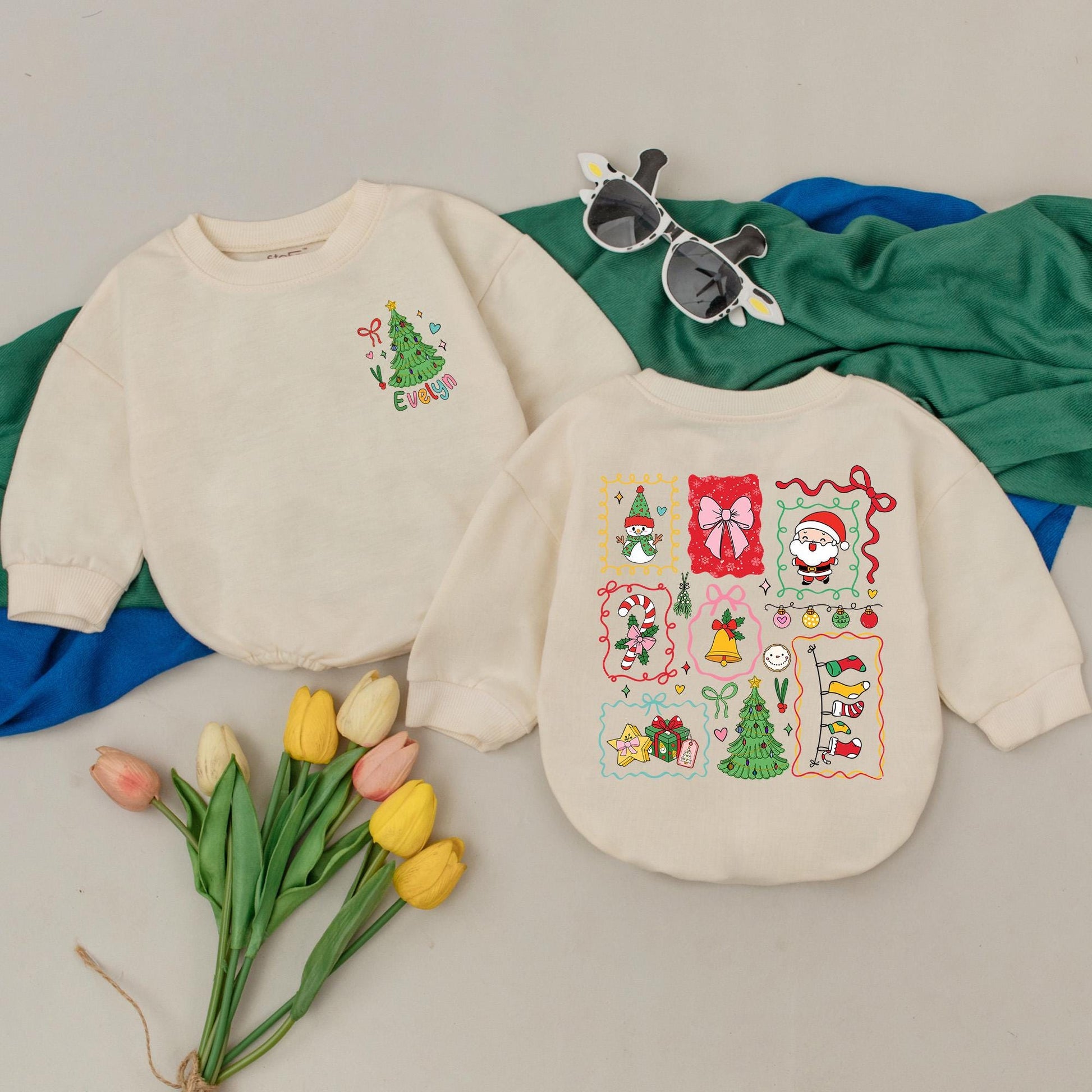 Personalized Christmas Baby Girl Romper with Whimsical Holiday Design, Custom Name First Christmas Outfit, Retro Xmas Gift, Baby Shower