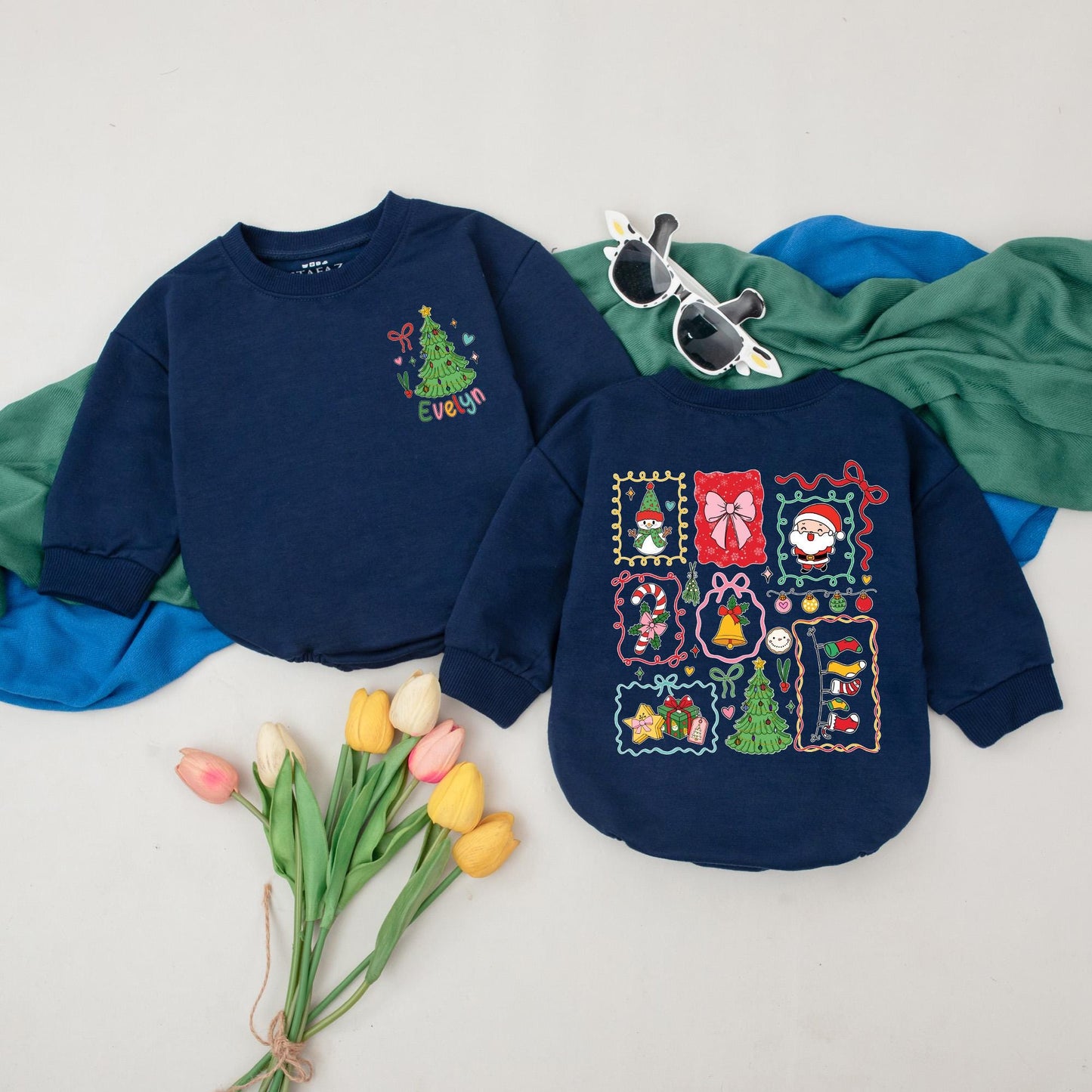 Personalized Christmas Baby Girl Romper with Whimsical Holiday Design, Custom Name First Christmas Outfit, Retro Xmas Gift, Baby Shower