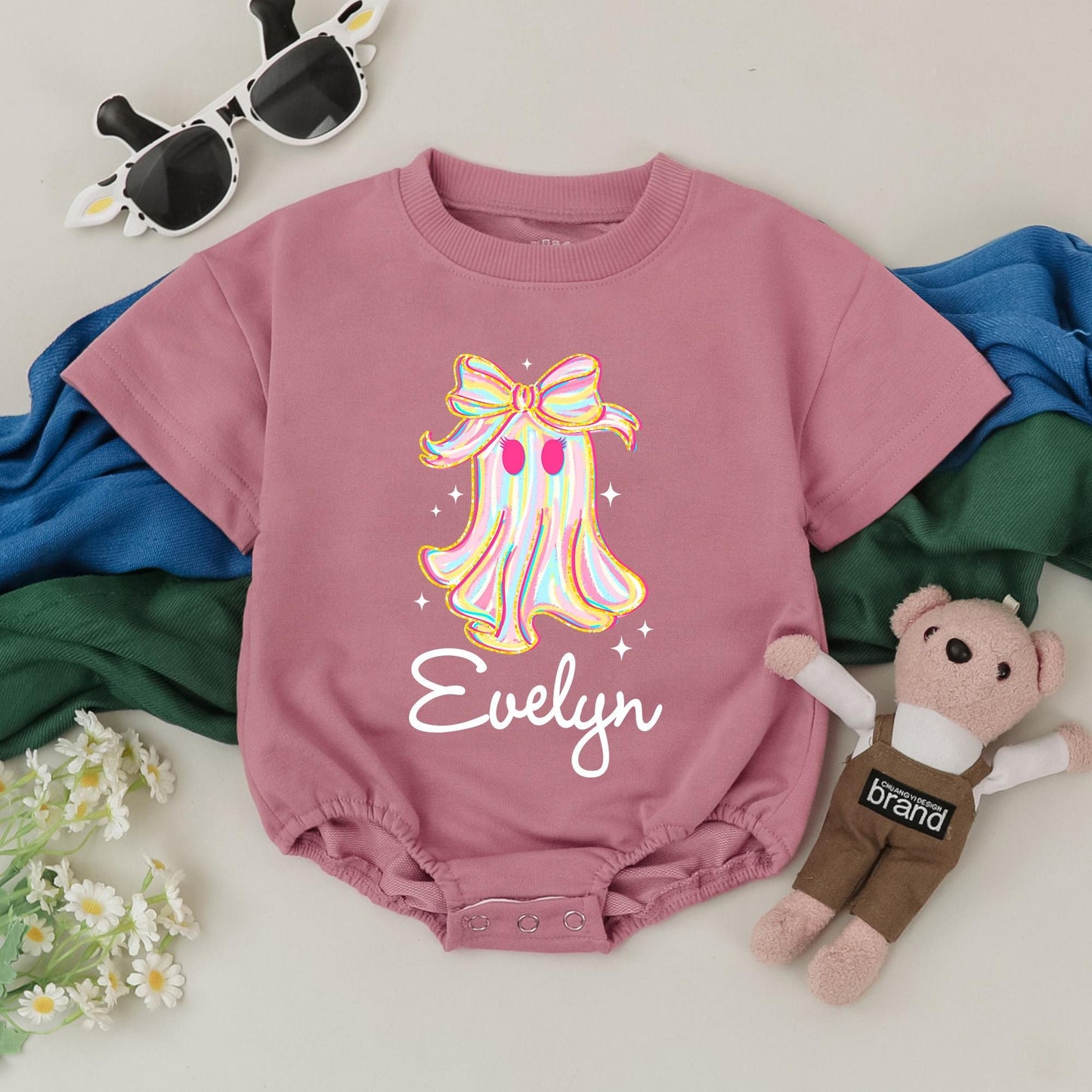 Evelyn the Ghost Baby Romper - Pastel Stripe & Glitter Halloween Outfit for Girls, Personalized Newborn Gift, Little Boo's 1st Birthday