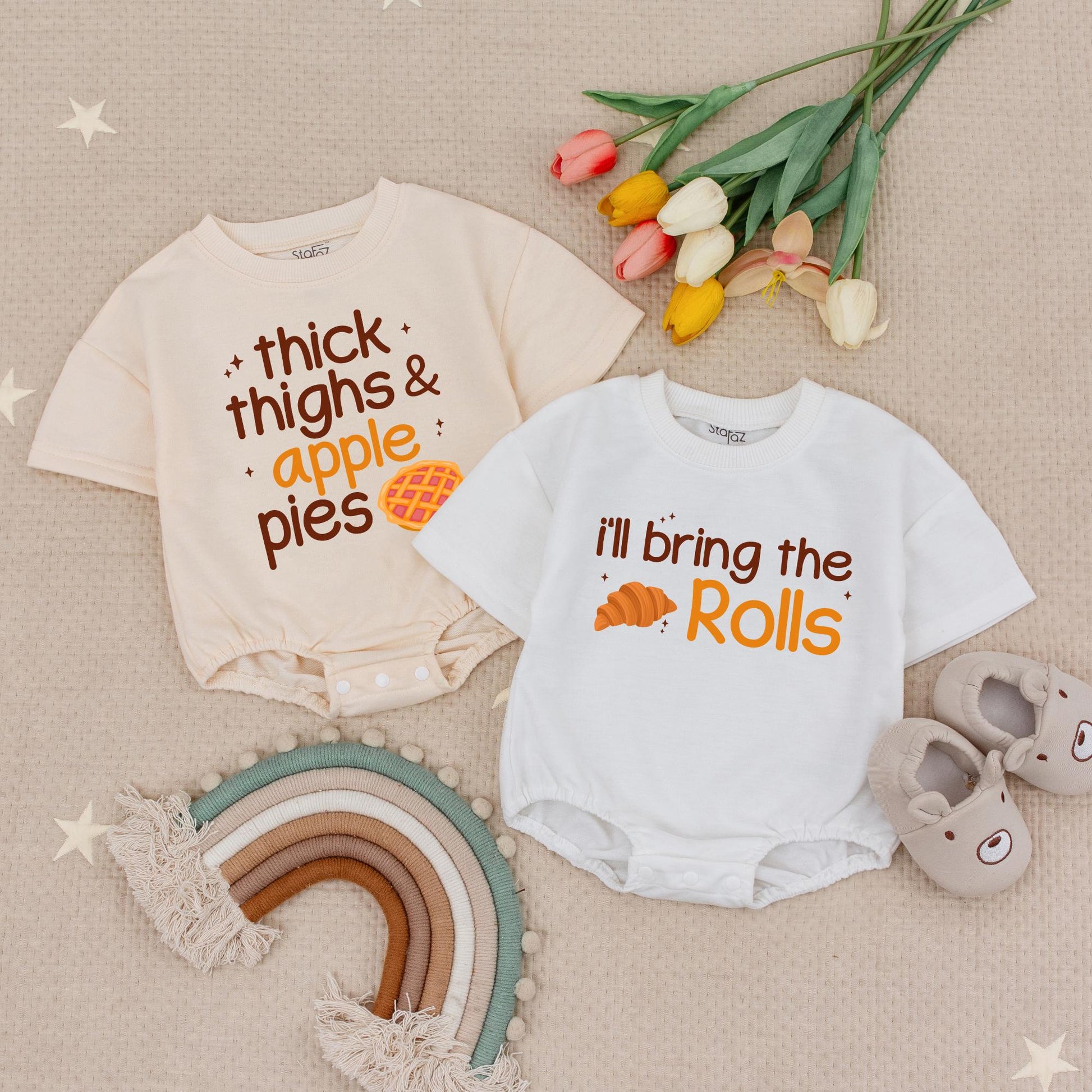 Thanksgiving Baby Romper Set: 'Thick Thighs & Apple Pies' & 'I'll Bring the Rolls' Outfits! Cute Fall Holiday Bubble Romper for Baby