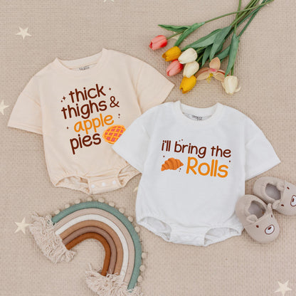 Thanksgiving Baby Romper Set: 'Thick Thighs & Apple Pies' & 'I'll Bring the Rolls' Outfits! Cute Fall Holiday Bubble Romper for Baby