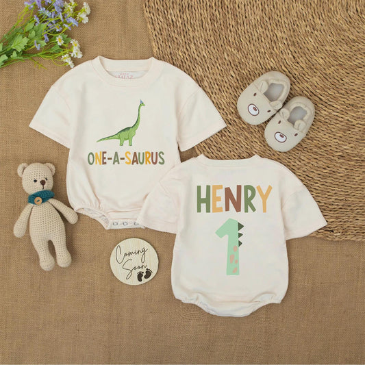 Personalized Baby Boy First Birthday Dinosaur Romper One-A-Saurus Outfit with Custom Name Party Hat Fun Celebration Bubble Bodysuit Gift