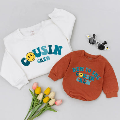 Cousin Crew Matching Shirts: Smiley Face Onesie & Sweatshirt, Retro Cousin Gift Set, Family Trip, New Baby Outfit, Cute & Comfy Cousins Apparel