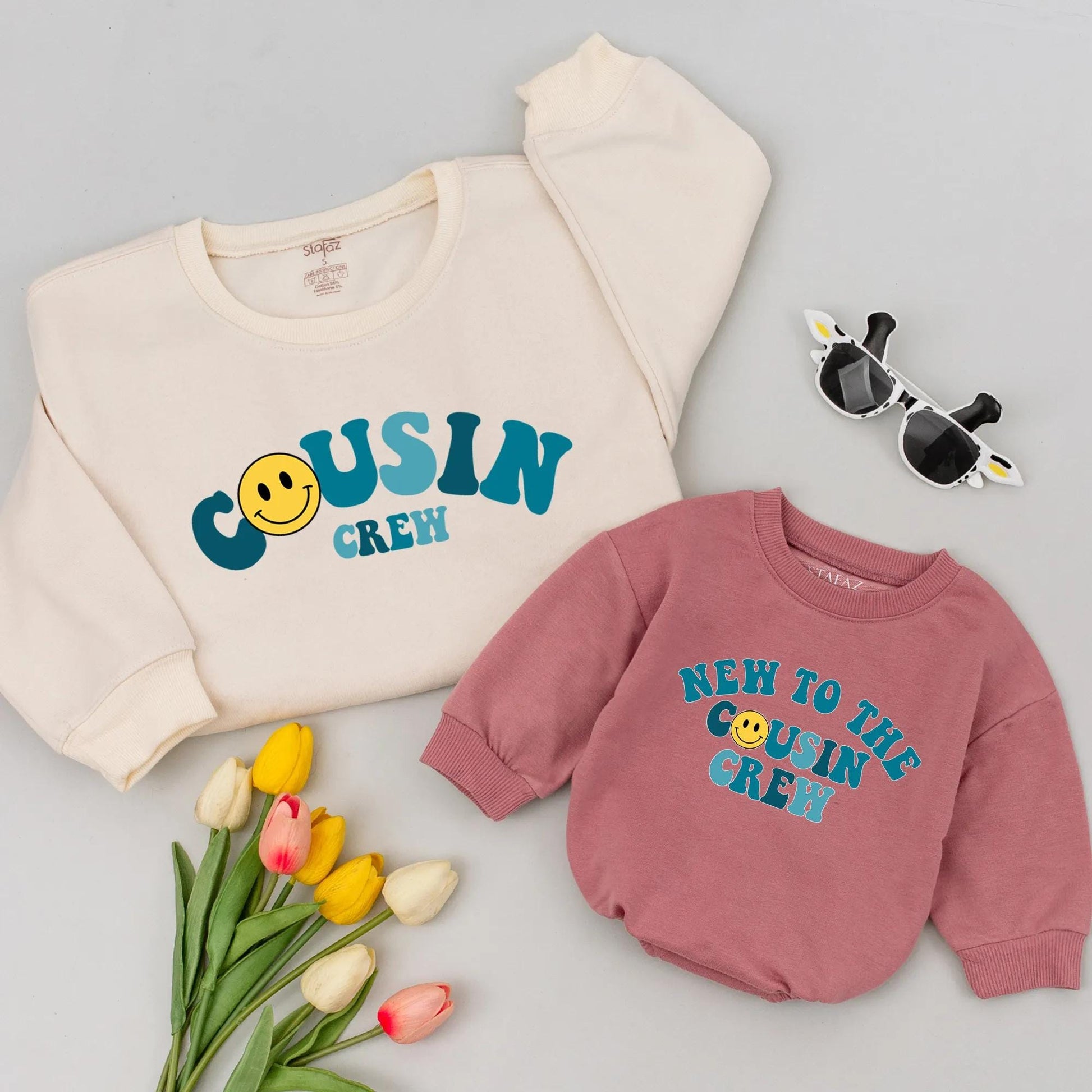 Cousin Crew Matching Shirts: Smiley Face Onesie & Sweatshirt, Retro Cousin Gift Set, Family Trip, New Baby Outfit, Cute & Comfy Cousins Apparel