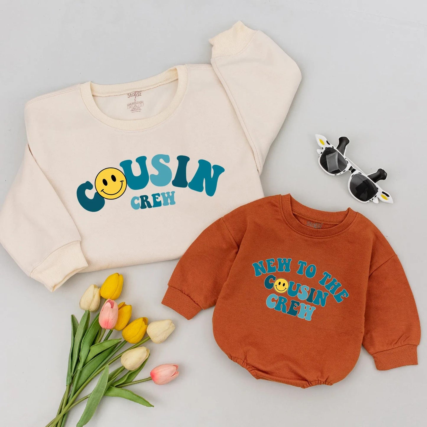 Cousin Crew Matching Shirts: Smiley Face Onesie & Sweatshirt, Retro Cousin Gift Set, Family Trip, New Baby Outfit, Cute & Comfy Cousins Apparel