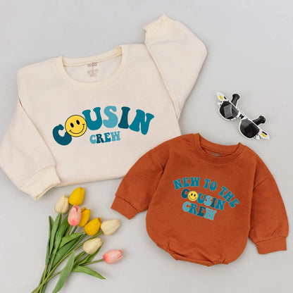 Cousin Crew Matching Shirts: Smiley Face Onesie & Sweatshirt, Retro Cousin Gift Set, Family Trip, New Baby Outfit, Cute & Comfy Cousins Apparel