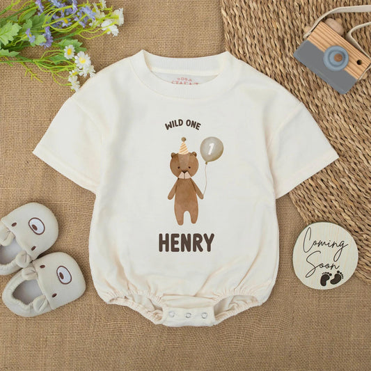 Wild One Bear Balloon First Birthday Romper for Baby Boy Henry Short Sleeve Bubble Outfit Natural Brown and Dark Text