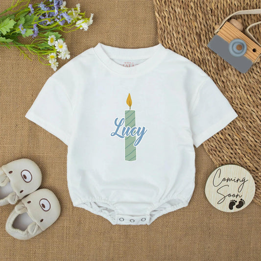 Birthday Candle Blue Birthday Romper with Lucy Name for Baby Girl or Boy First Birthday Outfit Soft Cotton