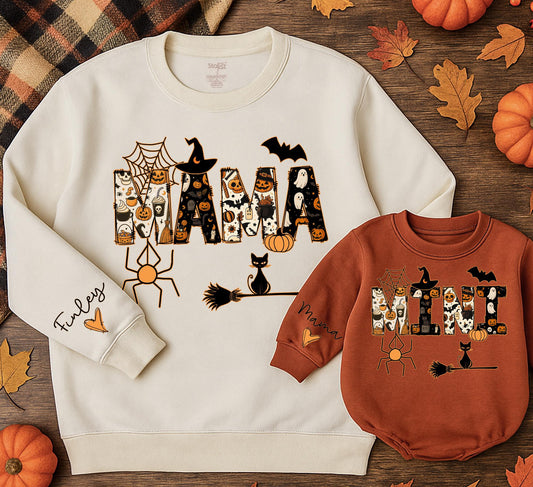Mama & Mini Halloween Sweatshirts: Matching Family Outfits with Pumpkin, Ghost Letters - Cute Mommy and Me Fall Party Costume Romper Baby Gift Set