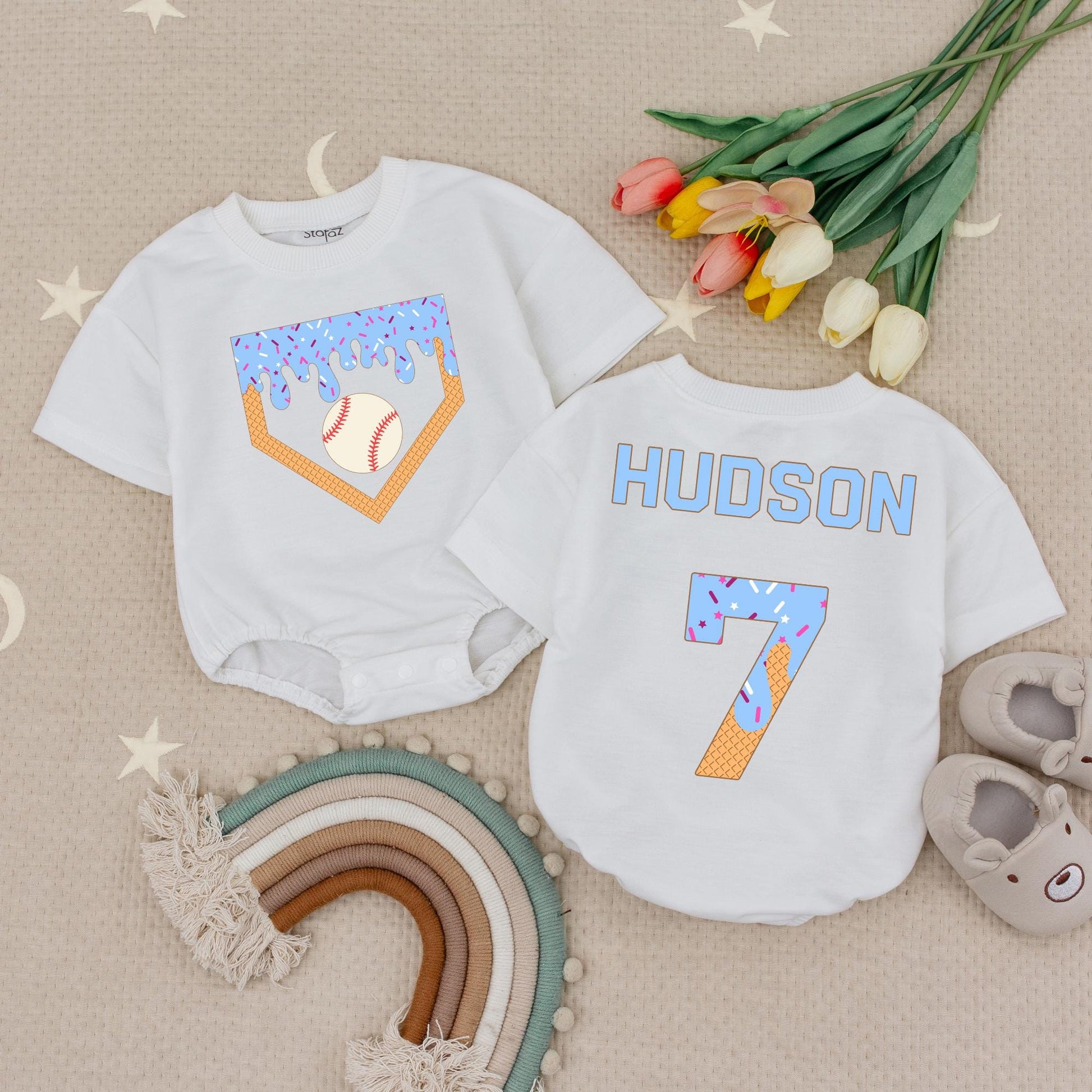Personalized Baseball Ice Cream Drip Romper, Custom Name Baby Bodysuit, Waffle Cone Baseball Birthday Outfit, Boy's Summer Romper Gift, Sporty Kids 139