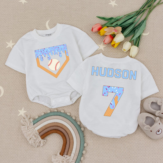 Personalized Baseball Ice Cream Drip Romper, Custom Name Baby Bodysuit, Waffle Cone Baseball Birthday Outfit, Boy's Summer Romper Gift, Sporty Kids 139