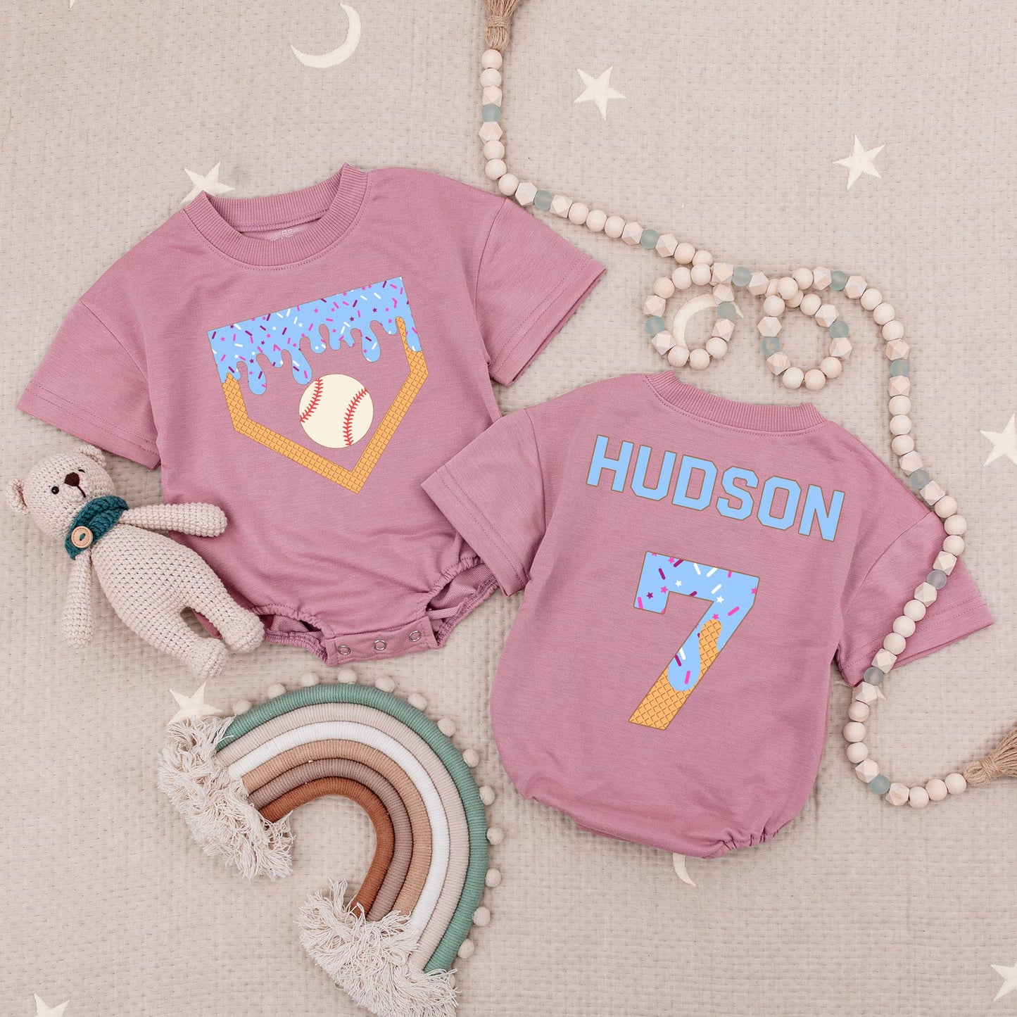 Personalized Baseball Ice Cream Drip Romper, Custom Name Baby Bodysuit, Waffle Cone Baseball Birthday Outfit, Boy's Summer Romper Gift, Sporty Kids 139
